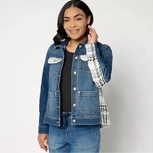 LOGO by Lori Goldstein Denim & Tweed Jacket Plus Sz 28 Black White Silver